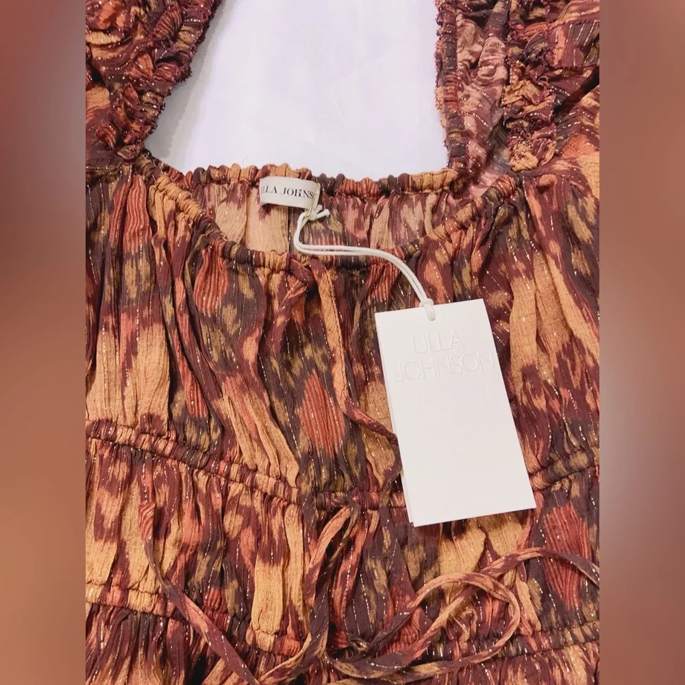 NWT Ulla Johnson Medha Top in Ember Peplum Puff Sleeves Ruffle Metallic